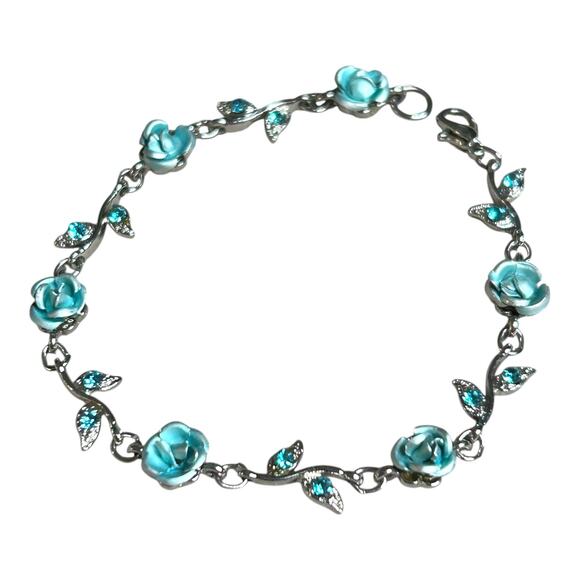 Light Blue Roses and Crystals Dainty Feminine Floral Silver Tone Bracelet - Picture 6 of 8
